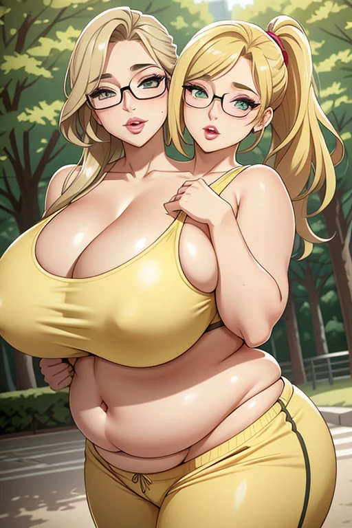 2heads, an overweight woman with 2 heads. She is in a park with trees on a sunny day. She is wearing a tiny yellow bikini top, wearing sweatpants. She has blonde hair in a ponytail. She is wearing glasses. Deep cleavage. She looks mature. She is blushing. She looks seductive and lustful. She has big fat perky lips. She is wearing lipstick. She is extremely fat. She has gigantic breasts. Her lips are big and seductive. She is winking. She is tall. She is a milf. Hard nipples.