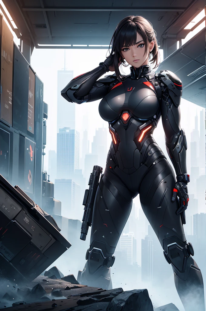 ultra-high resolution, best qualityer, photoshot, 8k, realisitic, UTOPIC TECHNOLOGICAL LANDSCAPE, WITH BIONIC MERCENARIES, shooting, detailded, stark, chunky