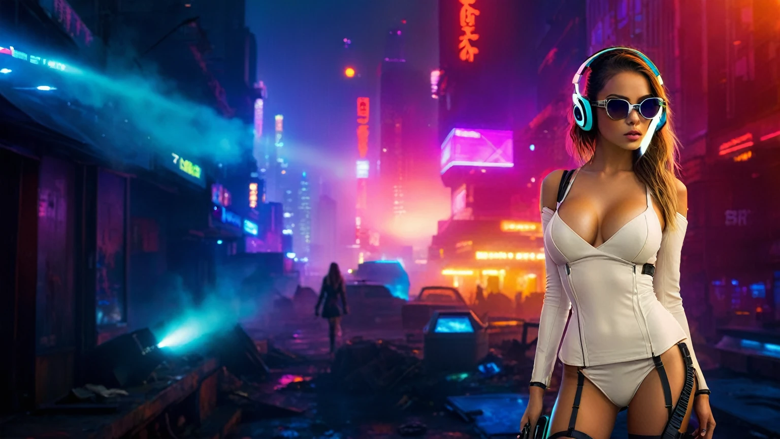 dark futuristic landscape, at night, neon lights, Atmospheric fog, large buildings in the background, futuristic city, streets with open shops, skyscraper (postapocalyptic city:1.3). (((1girl, solo, alone))), large-breast:1.2 slim body, cleavage:1.1, sexy miniskirt, (((headphone, black sunglasses, standing and holding pistol pose))), (((half-body thigh level medium shot))), cinematic lighting, lens flare, ray tracing.