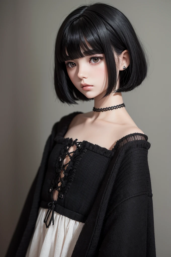 A Blythe doll with medium black hair just below the shoulder with a fringe that is not so full but parted in the middle, with some strands falling on his forehead