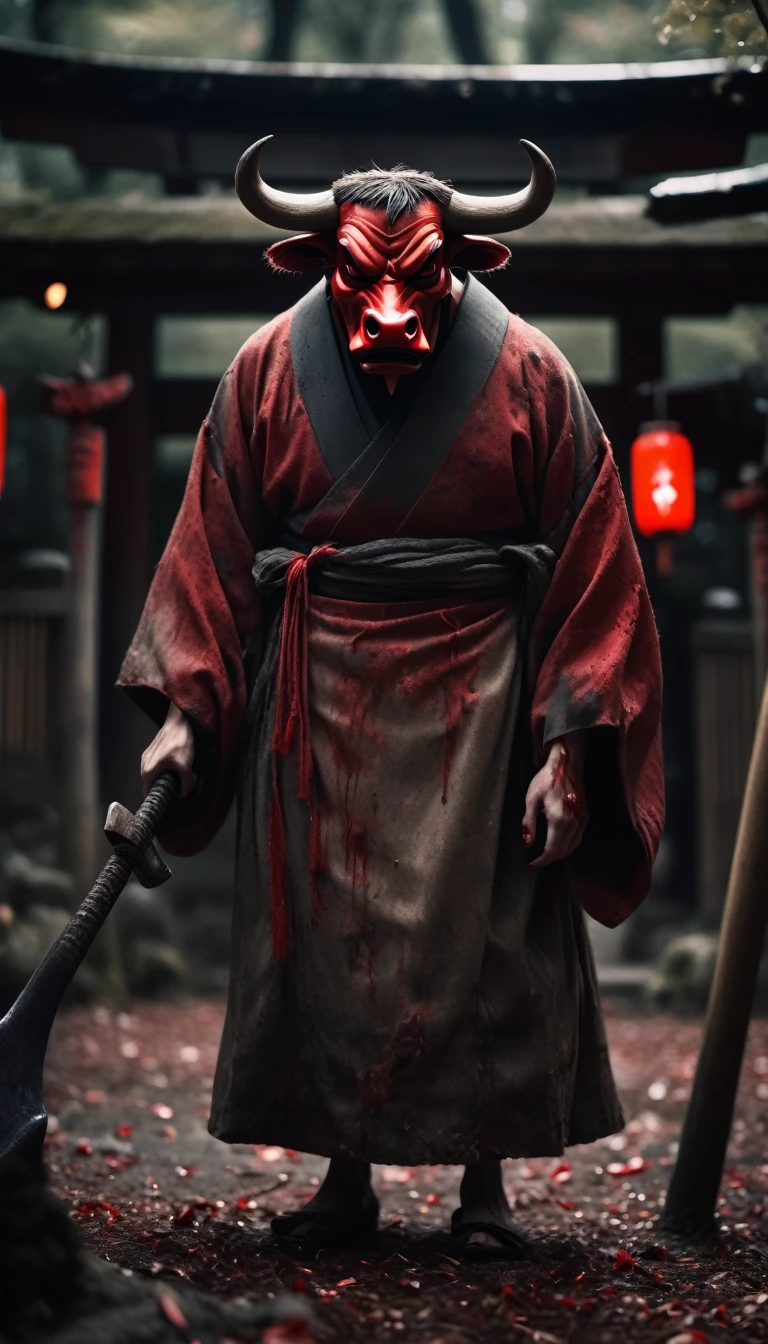 8k,Horror movie photos,Full body image,Swinging the axe,Super huge,Cow Devil,Red eyes,Tattered clothes,The background is a Japanese shrine,Shallow depth of field, Vignette, Very detailed, High budget, Bokeh, CinemaScope, Sulky, amazing, nice, Film Grain, Creepy, Anxious, dark, Creepyな, Suspenseful, strict, Very detailed 情報