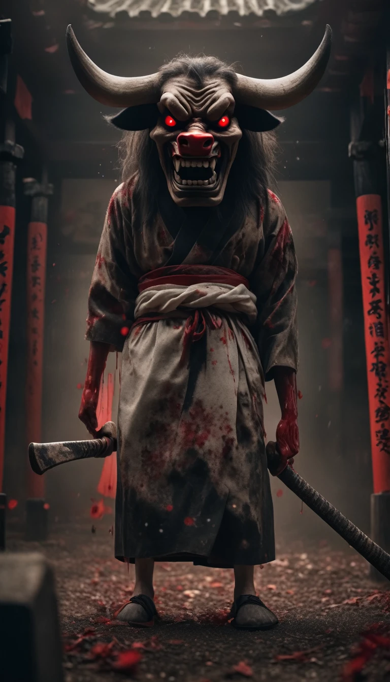 8k,Horror movie photos,Full body image,Swinging the axe,Super huge,Cow Devil,Red eyes,Tattered clothes,The background is a Japanese shrine,Shallow depth of field, Vignette, Very detailed, High budget, Bokeh, CinemaScope, Sulky, amazing, nice, Film Grain, Creepy, Anxious, dark, Creepyな, Suspenseful, strict, Very detailed 情報