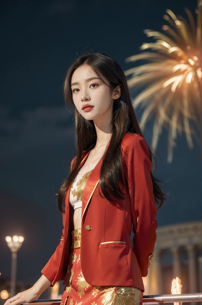 (((best quality))),(((ultra detailed))),(((masterpiece))),illustration, ((Olympic Opening Ceremony,in Paris,summer night,magnificent National stadium of France,Olympic flame, fireworks)),(crowded crowds of enthusiastic spectators:1.3),((a beautiful Chinese girl,solo)),((shoulder length straight hair:1.2)),((slim,thin)),((small breasts,flat chest)),(red blazer:1.5),(yellow dress:1.2),(slender legs:1.2),excited expression, awe, celebrating, electric atmosphere, sense of pride, excitement, playing field, crowd energy, unity, camaraderie, representing China, historic event, memorable moment,((standing,arms behind back)),((from front,upper body))