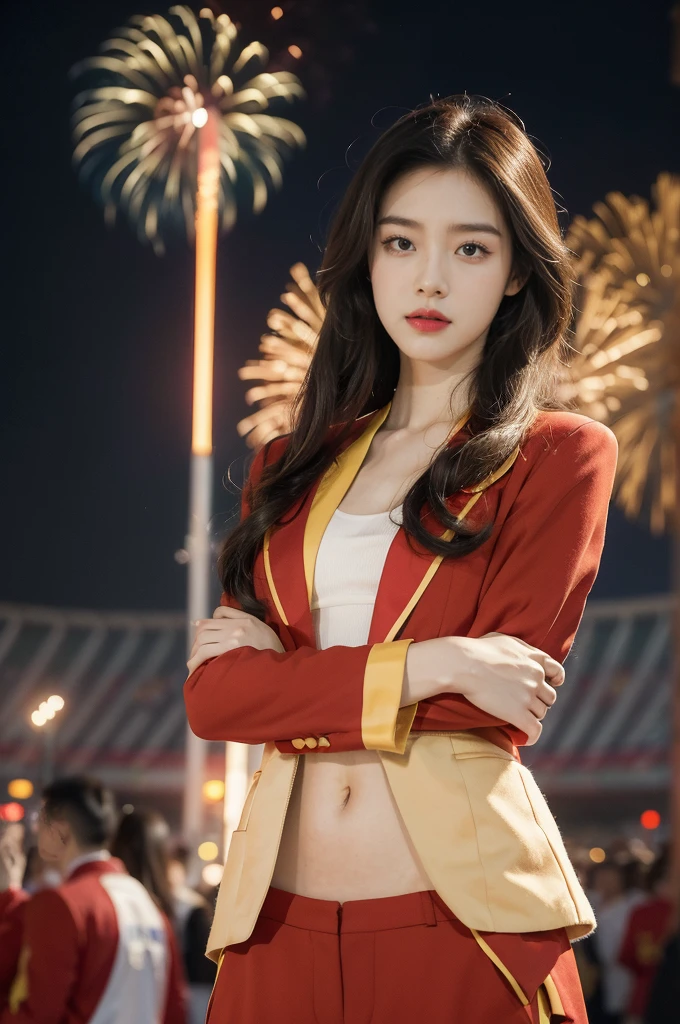 (((best quality))),(((ultra detailed))),(((masterpiece))),illustration, ((Olympic Opening Ceremony,in Paris,summer night,magnificent National stadium of France,Olympic flame, fireworks)),(crowded crowds of enthusiastic spectators:1.3),((a beautiful Chinese girl,solo)),((shoulder length straight hair:1.2)),((slim,thin)),((small breasts,flat chest)),(red blazer:1.5),(yellow dress:1.2),(slender legs:1.2),excited expression, awe, celebrating, electric atmosphere, sense of pride, excitement, playing field, crowd energy, unity, camaraderie, representing China, historic event, memorable moment,((standing,arms behind back)),((from front,upper body))