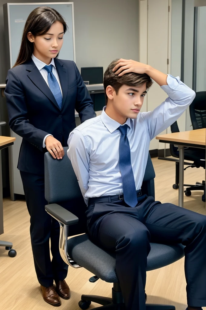 Create a picture of a corporate boy sitting on chair and keeping his head down . And a girl standing watching him
