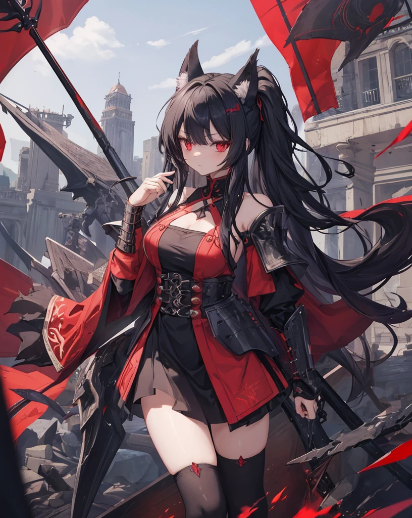 masterpiece, 1catgirl, cat ears, White long hair, Red eyes, intricate Black armour, she is a dragon slayer with a giant dead dragon behind her. She won the fight. Damaged black and Red shirt over the armour, she has a long medieval Banner on his hand. Bare shoulders, stockings. Portrait. 