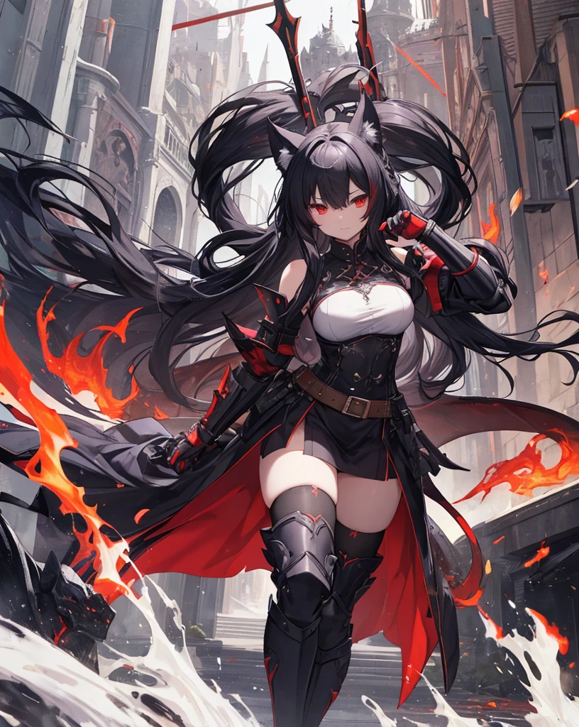 masterpiece, 1catgirl, cat ears, White long hair, Red eyes, intricate Black armour, she is a dragon slayer with a giant dead dragon behind her. She won the fight. Damaged black and Red shirt over the armour, she has a long medieval Banner on his hand. Bare shoulders, stockings. Portrait. 