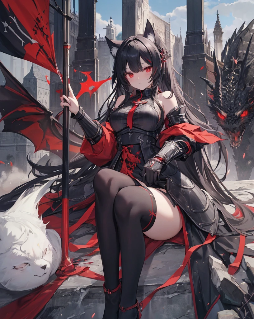 masterpiece, 1catgirl, cat ears, White long hair, Red eyes, intricate Black armour, she is a dragon slayer with a giant dead dragon behind her. She won the fight. Damaged black and Red shirt over the armour, she has a long medieval Banner on his hand. Bare shoulders, stockings. Portrait.