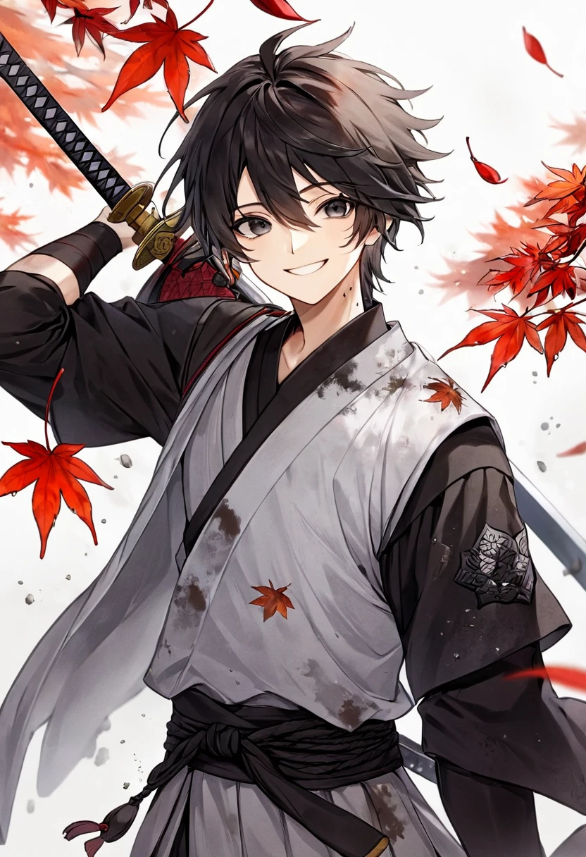 Ronin, Dirty, Boy, Two sword, black eyes, black samurai long unkempt hair, ragged body, gray- white Torn clothes, Smile, Maple leaf background.