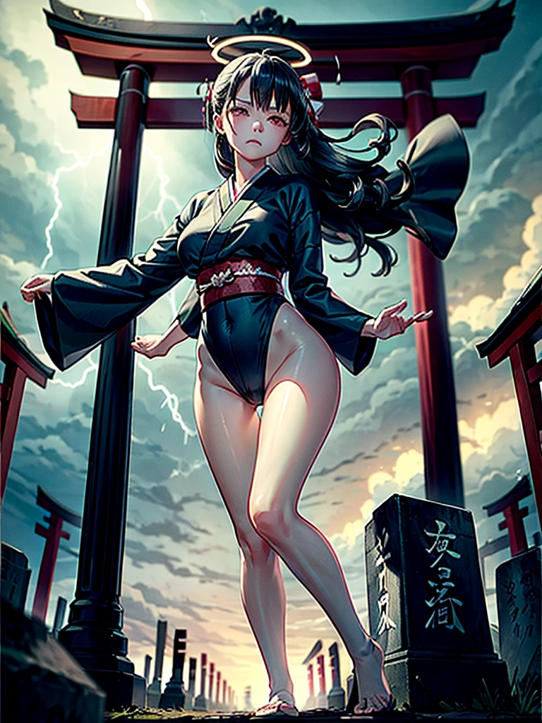 Highest Resolution,Highest quality,A beautiful girl with no expression in a black kimono leotard,(((No legs))),High leg,Floating in the air,Very beautiful red eyes,Black hair semi-long hair,Halo,thunderstorm,Bad weather,Japanese Cemeteries,A road lined with gravestones,1Two Red Torii Gates,Company,Bamboo grove,lightning,Lightning strikes,whole body,up,front,