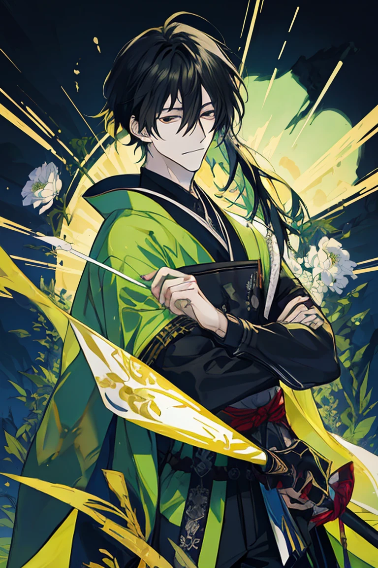anime character with sword in front of bamboo trees and flowers, handsome guy in demon slayer art, demon slayer artstyle, anime wallpaper, masamune shiro, hold sword in the forest, demon slayer rui fanart, beautiful sword, with large sword, miyamoto musashi, zerochan art, anime art wallpaper 4k, anime art wallpaper 4 k