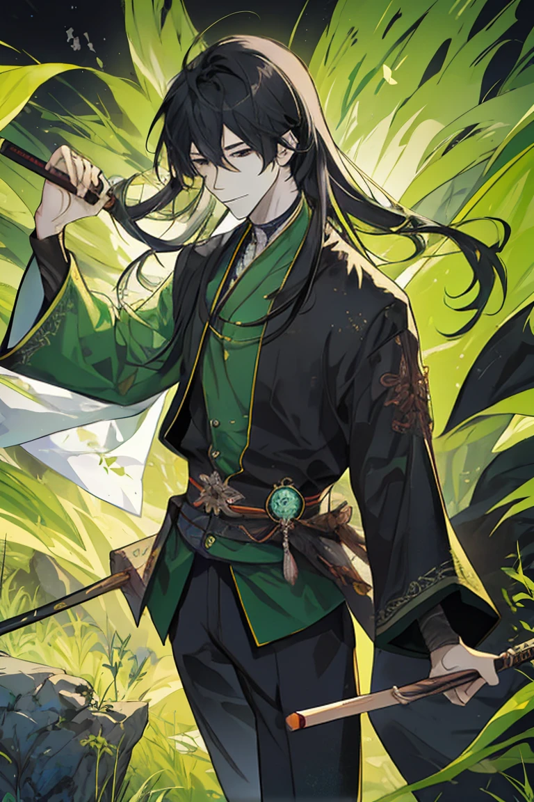 Rogue, 1man, fantasy ,longhair, greeneyes, samuraistyle, blackhairhightlightgreen, japan, handsome, 21yearold,
