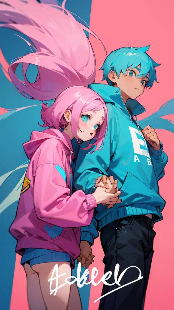 boy and girl holding hands. The boy in the blue sweatshirt and the name "Abel" written on the sweatshirt and the girl in the pink sweatshirt with the name Estela
