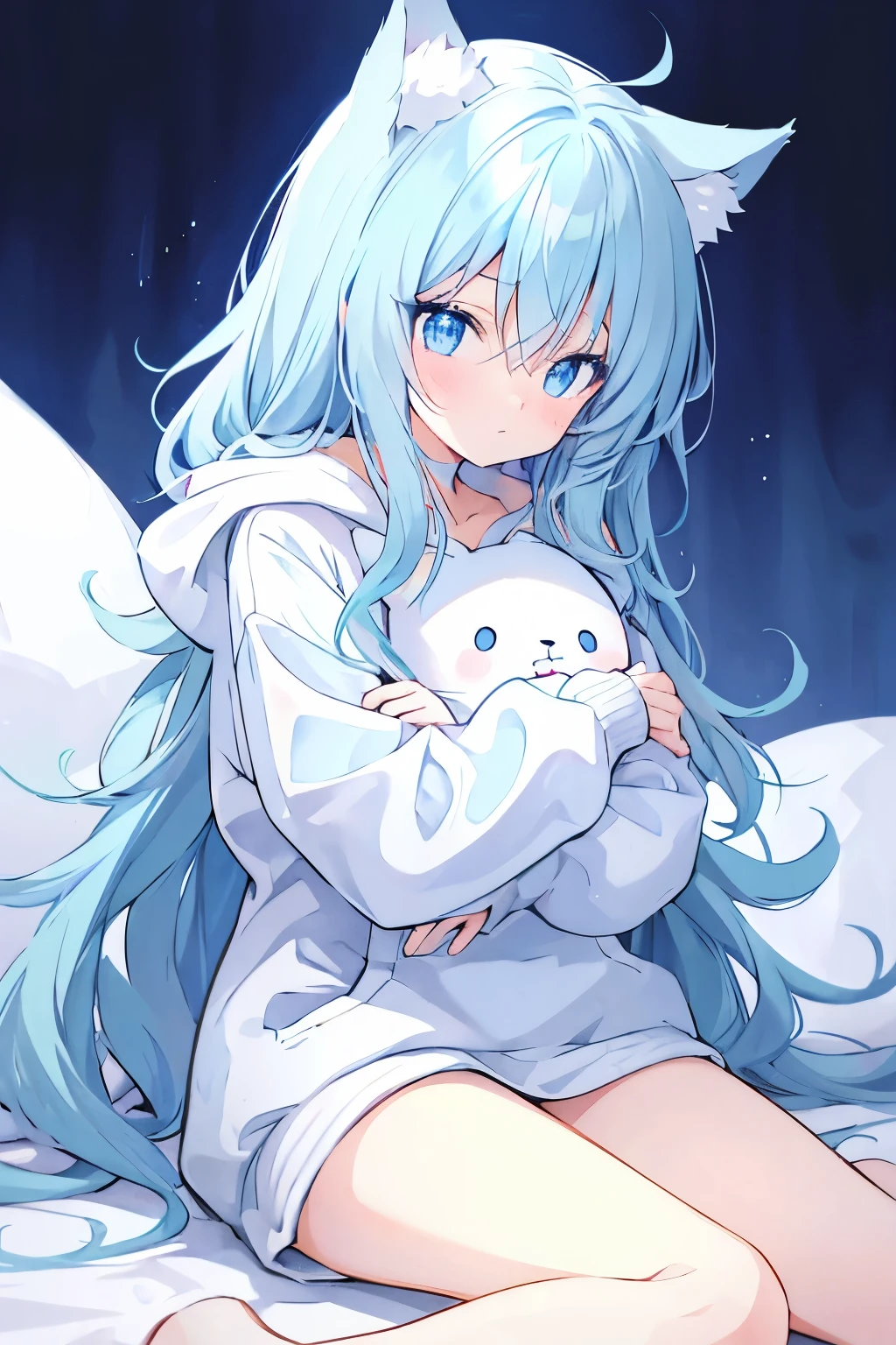 Cute anime girl, long hair, cute ,light blue hair, cat ears, blue eyes, white large hoodie, bare thighs, bare legs, laying down in bed, hugging a white fluffy teddy, worried face, crossed thighs