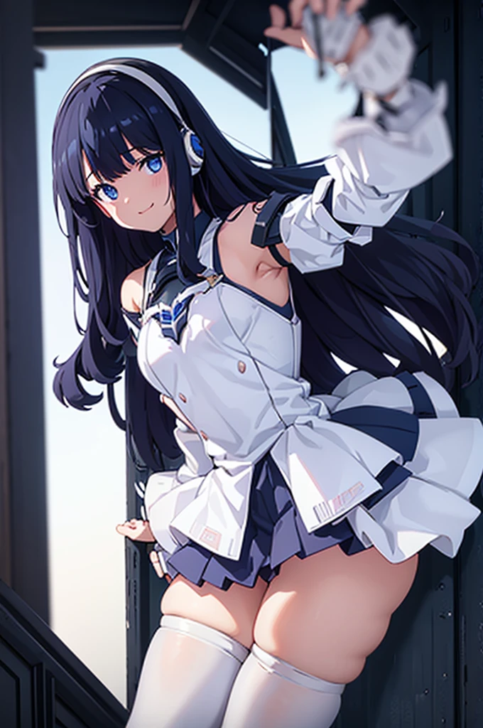 Mecha Wings、White and blue skirt、Accentuated thighs、White tights、chest、Beautiful black hair、1 girl、solo girl、Thick thighs、is、Frame Arms Girl、Alice Gere Aegis、White Armor、Blue and purple lines、income、headphone、hand on own chest、smile