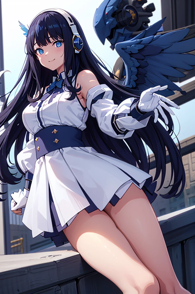 Mecha Wings、White and blue skirt、Accentuated thighs、White tights、chest、Beautiful black hair、1 girl、solo girl、Thick thighs、is、Frame Arms Girl、Alice Gere Aegis、White Armor、Blue and purple lines、income、headphone、hand on own chest、smile