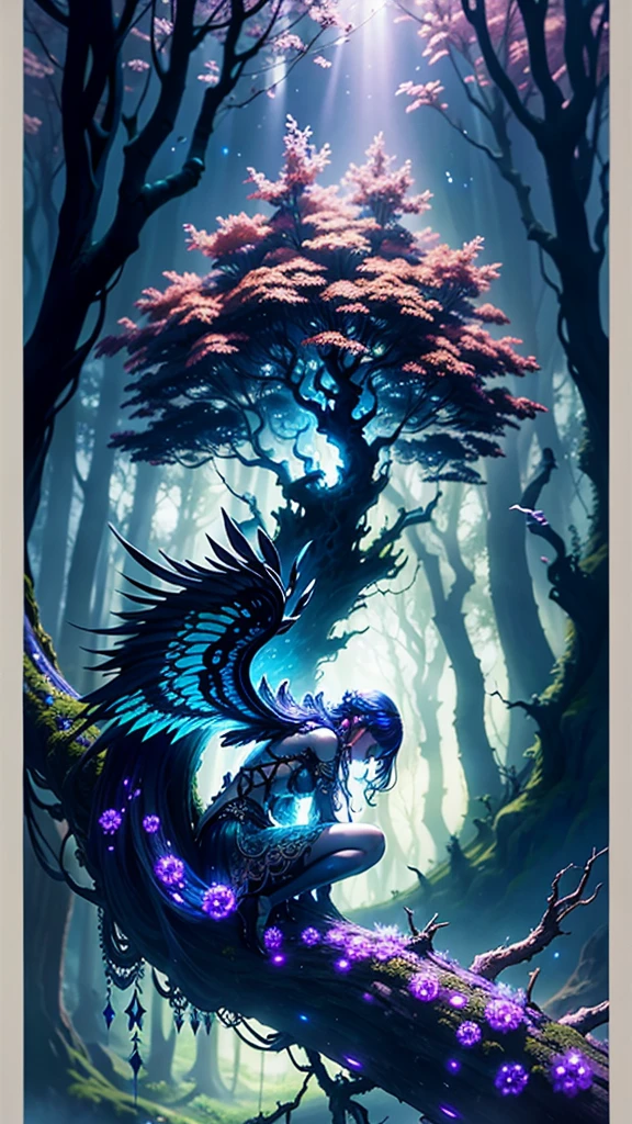 Matte painting, young fairy perched on a twisted ancient tree in an enchanted forest, surrounded by magic mystic flora, glowing wonderland ambiance, colors bursting with life, ultra high-quality, intricate wings patterns catch the light, epic sense of wonder, ominous undercurrents in the atmosphere, intricate details on the foliage and fauna, vibrant colors enhancing the whimsical yet mysterious scene, digital painting, ultra fine