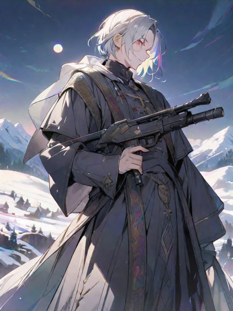 solo, handsome, 1 male, short hair, rainbow color hair, red eyes, white coat, white gloves