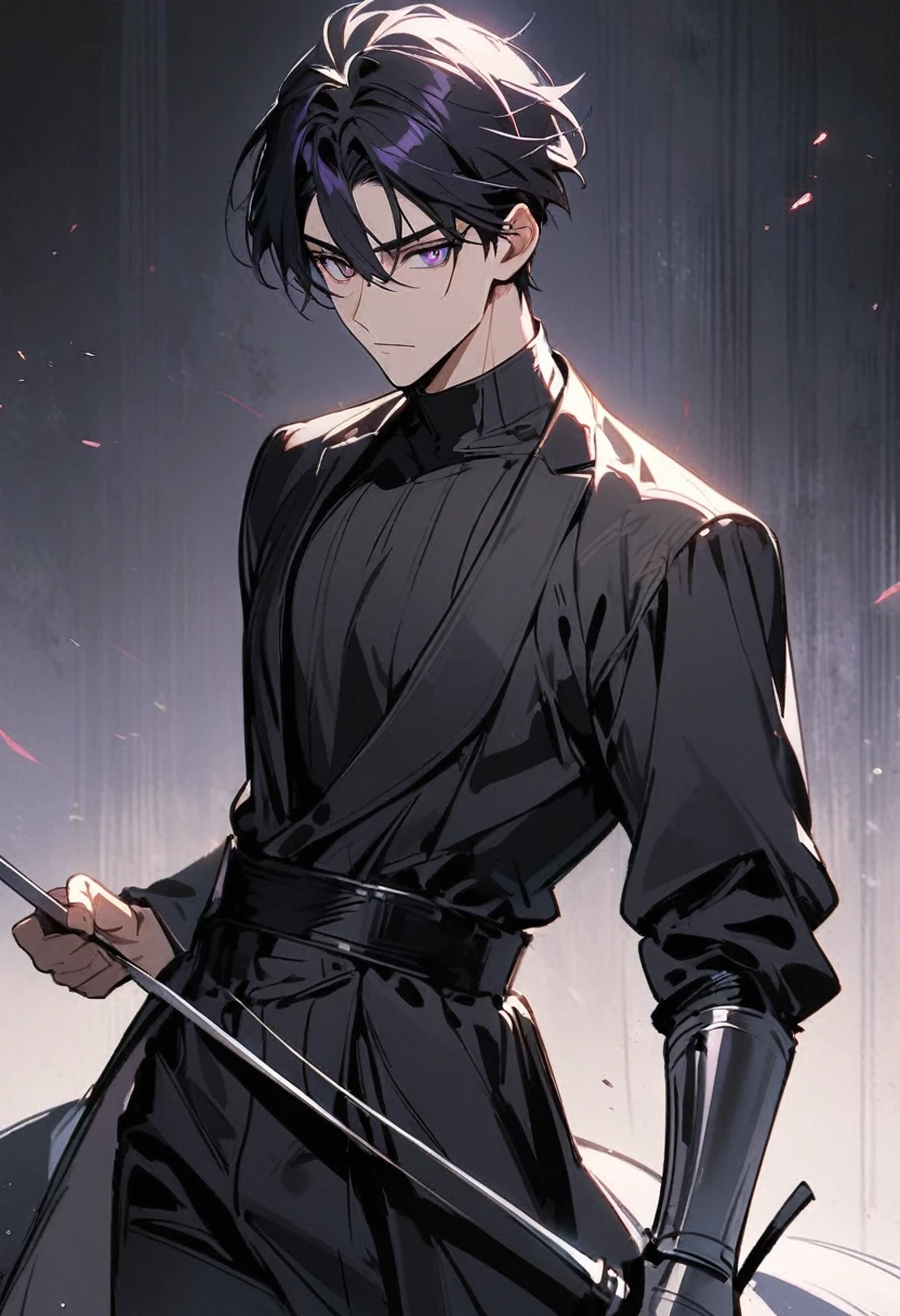 handsome, alone, 1 man, short hair, black hair, purple eyes, black shirt, black coat,fencing