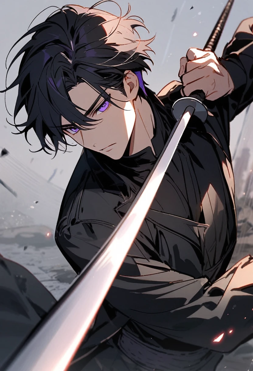 handsome, alone, 1 man, short hair, black hair, purple eyes, black shirt, black coat,fencing