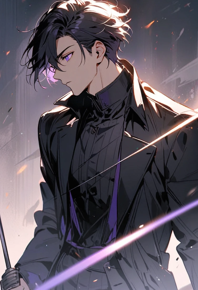 handsome, alone, 1 man, short hair, black hair, purple eyes, black shirt, black coat,fencing