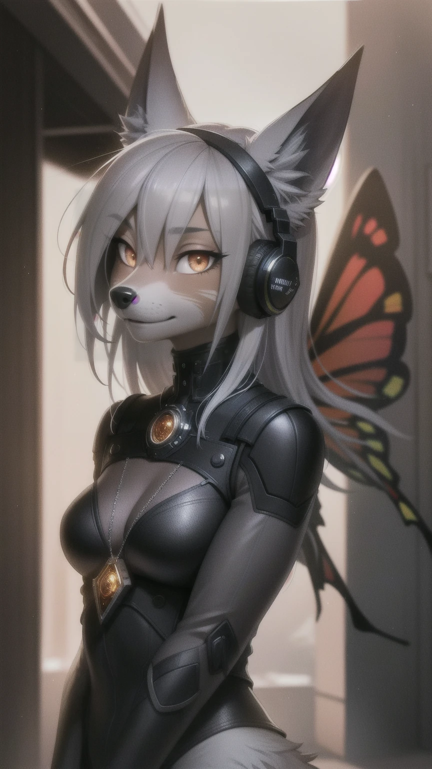 A very detailed portrait of a  fox woman standing in an alley, (anthro, furry, muzzle: 1.2), sunset, wears torn clothes with silver chains, has a butterfly wing clip in her wild hair, has headphones, small, detailed bright red eyes with distinct pupils, ominous halo aura, smile, backlight, masterpiece, best quality, intricate detail,  absurd, high detail Color RAW Photo, highly detailed, harsh lighting, cinematic lighting, detailed eyes, distinct pupils, contrast, hard light, gigapixel, 8k resolution, beautiful, cinematic, elegant, hyperrealistic, octane, unreal, high definition, 8k resolution, highly detailed, 8k uhd, professional lighting, photon mapping, radiosity, physics-based rendering, award-winning photography, detailed face, backlight, ultra-realistic, ray tracing,  Intense gaze, cinematic lighting