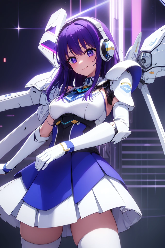 Mecha Wings、White and blue skirt、Accentuated thighs、White tights、chest、Beautiful purple hair、1 girl、solo girl、Thick thighs、is、Frame Arms Girl、Alice Gere Aegis、White Armor、Blue and purple lines、income、headphone、hand on own chest、smile