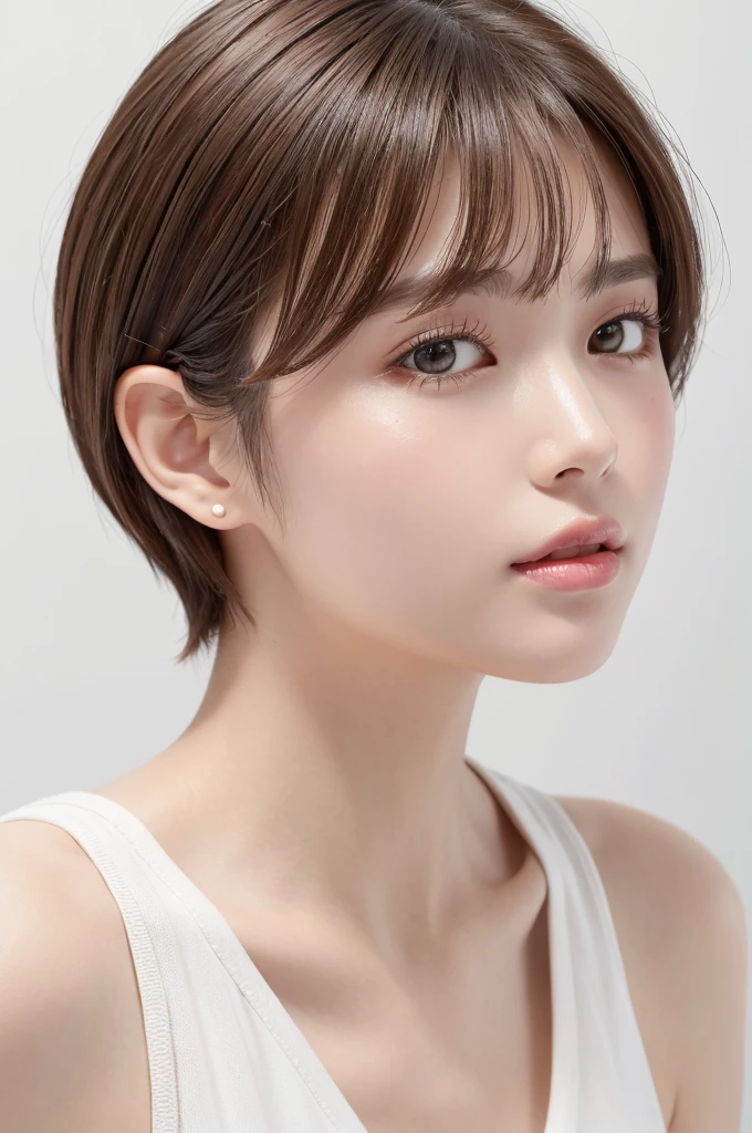 (Highest quality、Tabletop、8k、Best image quality、Award-winning works)、((profile:1.4))、ear、((short hair:1.46)),(Brown Hair)、(White casual clothes:1.2)、(The simplest pure white background:1.3)、(Perfectly fixed in front:1.1),(Portrait with Space:1.2)、Beautiful and exquisite、Perfect Makeup、Ultra-high definition beauty face、Ultra HD Hair、Ultra HD Shining Eyes、Super high quality glossy lip、Accurate anatomy、Very beautiful skin、(Pure white skin shining in ultra-high resolution:1.1)、(Very bright:1.2),Big Natural Color Lip、Lip gloss,Harajuku、cute、cute美人