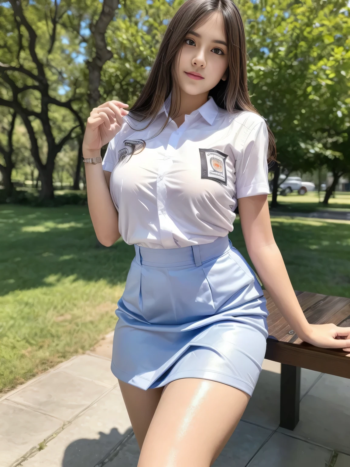 1girl, solo, (uniform), standing, outdoors, detailed face, detailed eyes, thick breasts, shiny skin, tight white shirt, grey blue short skirt, looking at the audience, low angle shot,(8k, RAW photo, best quality, masterpiece: 1.2), (realistic, realistic: 1.37), ultra-high resolution
