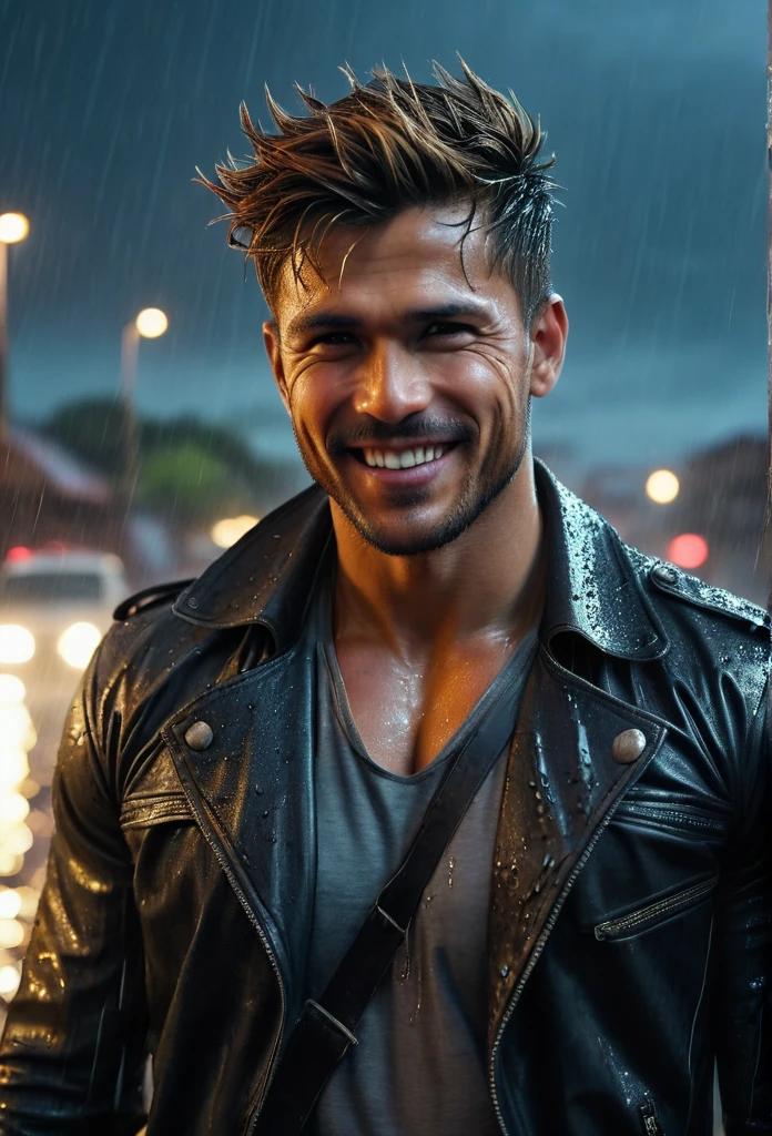 realist:1.3,( fotorrealist, 8k, RAW Photos, Premium quality, Masterpiece, epic lighting. close up, Centered image), (foreground),((1 beautiful man beautiful smile, self-confident well-formed muscles, Post Apocalyptic, Guerrero, Perfectly detailed face and body, (foreground), rainy scene, poor lighting due to rain,(( face and body wet from the rain:1.5)),lightning lighting, dynamic pose, beautiful and detailed hair, Leather Clothes)), ((Imaginative scene)),((perfect, meticulously detailed.:1.3)), ((full shot: 1.4)), ((best quality )), ((masterpiece)), 3D, (hyper detailed: 1.3), ((Epic Scenery: 1.3)), ((night background: 1.3 ))), (((night:1.2))), ( Photorealistic: 1.4), ((Front camera)),( (Low-light night cinematic lighting: 1.2)). 32