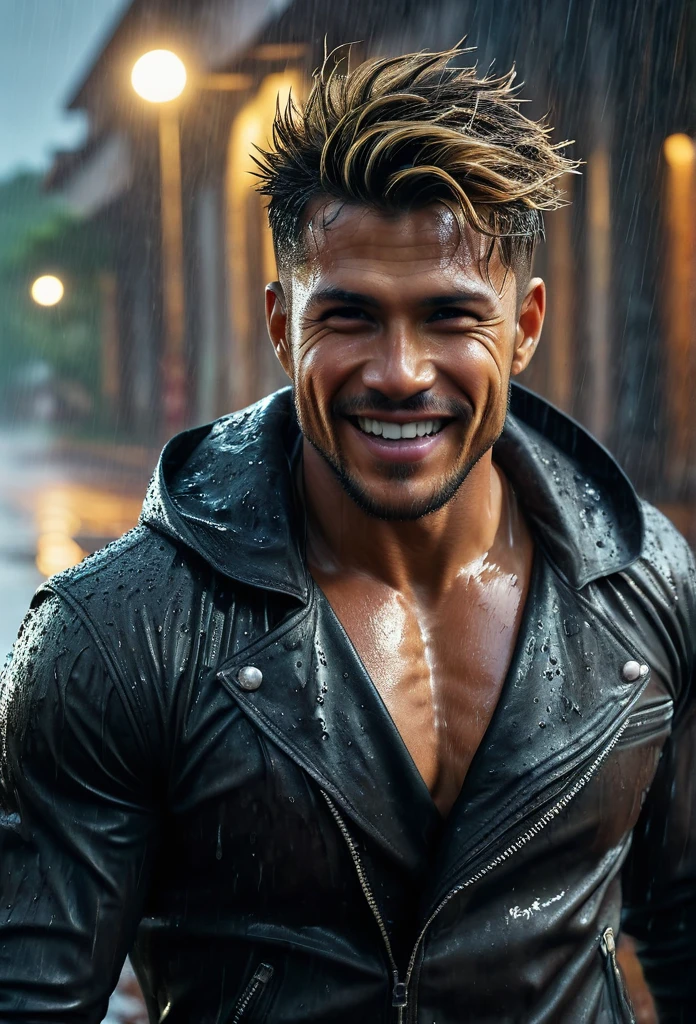 realist:1.3,( fotorrealist, 8k, RAW Photos, Premium quality, Masterpiece, epic lighting. close up, Centered image), (foreground),((1 beautiful man beautiful smile, self-confident well-formed muscles, Post Apocalyptic, Guerrero, Perfectly detailed face and body, (foreground), rainy scene, poor lighting due to rain,(( face and body wet from the rain:1.5)),lightning lighting, dynamic pose, beautiful and detailed hair, Leather Clothes)), ((Imaginative scene)),((perfect, meticulously detailed.:1.3)), ((full shot: 1.4)), ((best quality )), ((masterpiece)), 3D, (hyper detailed: 1.3), ((Epic Scenery: 1.3)), ((night background: 1.3 ))), (((night:1.2))), ( Photorealistic: 1.4), ((Front camera)),( (Low-light night cinematic lighting: 1.2)). 32
