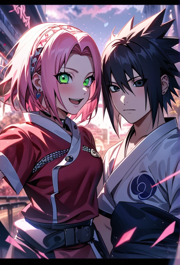 Ultra detailed, Highres, absurdres, HDR, Uchiha sasuke, black hair, black eyes, with Haruno Sakura, pink hair, green eyes, Naruto Shippuden, 1 man with 1 woman as a kpop idols couple