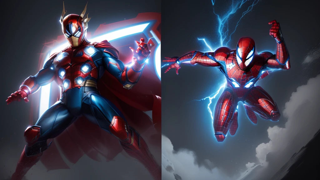 master piece, 8k detail, there are two pictures of a THOR and a spider - man, marvel japan coloring, marvel comic book drawing, marvel comics style, in style of marvel and dc, marvel comic style, in style of marvel comics, 90s comic book character design, comic book art style, comic book drawing, marvel style, comic book style art, style of marvel