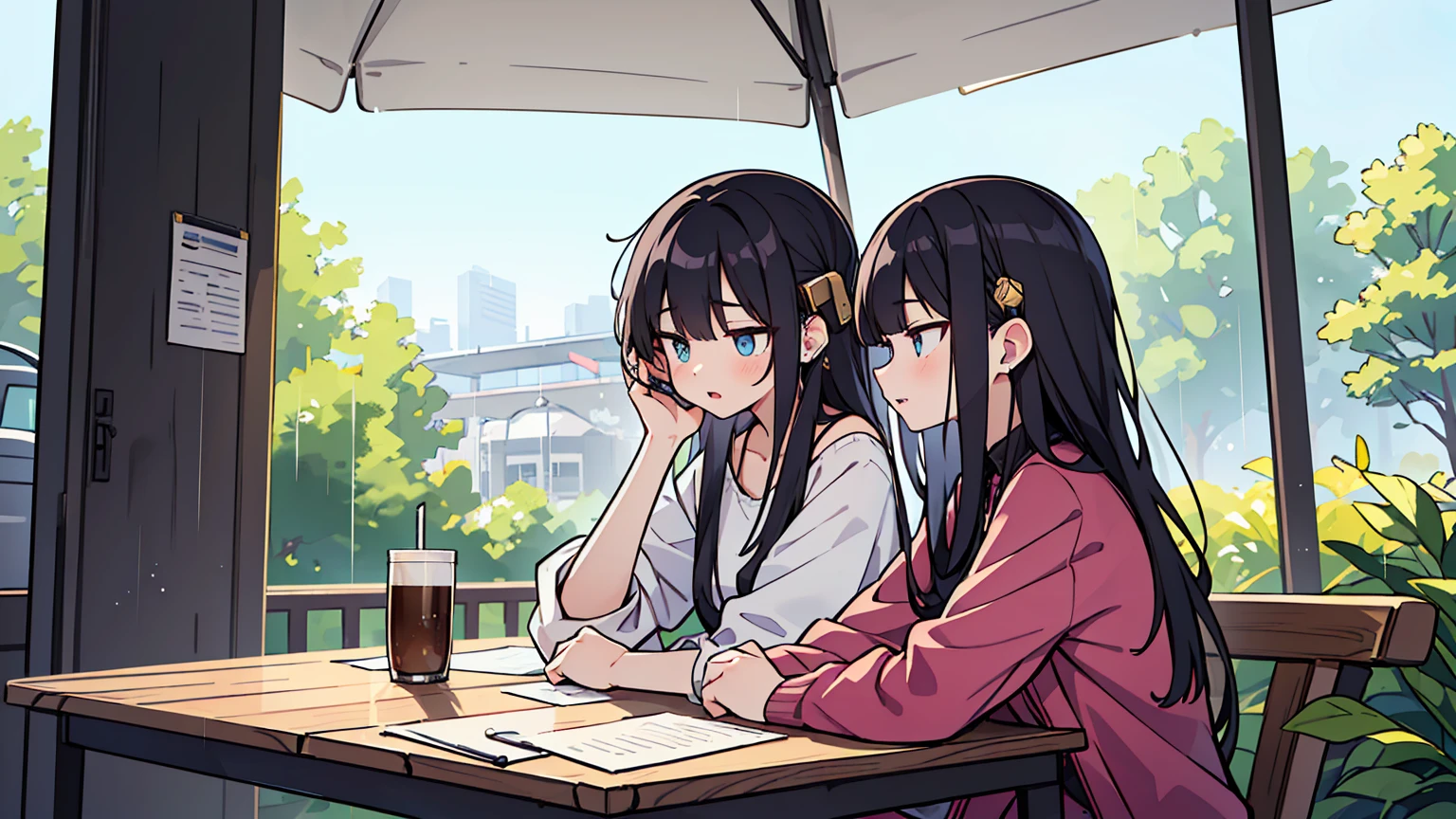 (masterpiece, best quality),18 years old, 2 women, black long hair,golden bob, different faces, modern design cafe,outdoors, stylish outfit, chapped lips, rain, casual attire, sony headset, whole body, from the side, study at the table,My eyes are on the note, stylish outfit, The interior has a very hip design.

