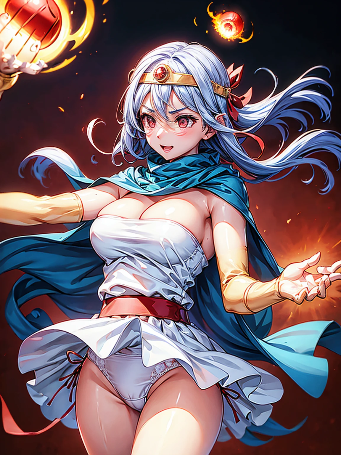 (A woman is shooting fireballs from the palm of her hand, Cast a spell, Windでスカートがめくれている, White panties with red ribbon:1:3), Beautiful Anime Woman, Beautiful art style, Anime characters, ((Smooth texture, Realistic texture, Anime CG Style)), ((Highest quality)), (Very detailed), (Very detailed CG 統合 8k 壁紙), Very detailed, High-resolution RAW color photos, Professional photography, masterpiece, Highest quality, Beautiful and big breasts, Slender body, (Stunningly beautiful woman), (Detailed face:1.2), (Blue Hair, White Dress, Red eyes, Circlet, Cleavage, Blue Cape), Outdoor, nature, Wind, Perfect lighting, Perfect Shadow, Exact number of arms, Exact number of legs, Perfect Anatomy, Exact finger count、Exact number of legs、(Exact number of arms:1.0, Exact number of hands:1.0), (Perfect hands, Perfect Anatomy), (Rin々A cute smile), Angle from the front