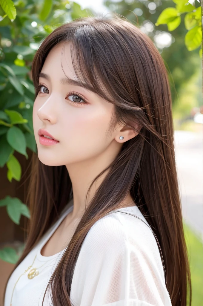 (Highest quality、Tabletop、8k、Best image quality、Award-winning works)、((profile:1.4))、ear、((Long Hair:1.46)),(Brown Hair)、(White casual clothes:1.2)、(The simplest pure white background:1.3)、(Perfectly fixed in front:1.1),(Portrait with Space:1.2)、Beautiful and exquisite、Perfect Makeup、Ultra-high definition beauty face、Ultra HD Hair、Ultra HD Shining Eyes、Super high quality glossy lip、Accurate anatomy、Very beautiful skin、(Pure white skin shining in ultra-high resolution:1.1)、(Very bright:1.2),Big Natural Color Lip、Lip gloss,Harajuku、cute、cute美人