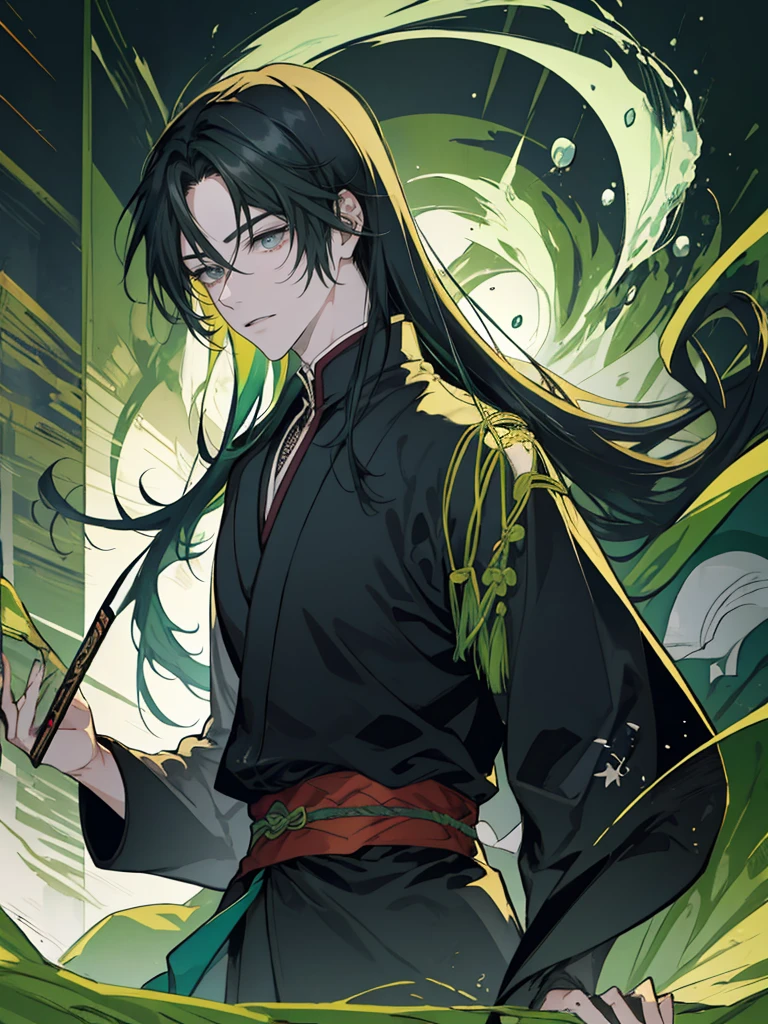 Rogue, 1man, fantasy ,longhair, greeneyes, samuraistyle, blackhairhightlightgreen, japan, handsome, 21yearold,