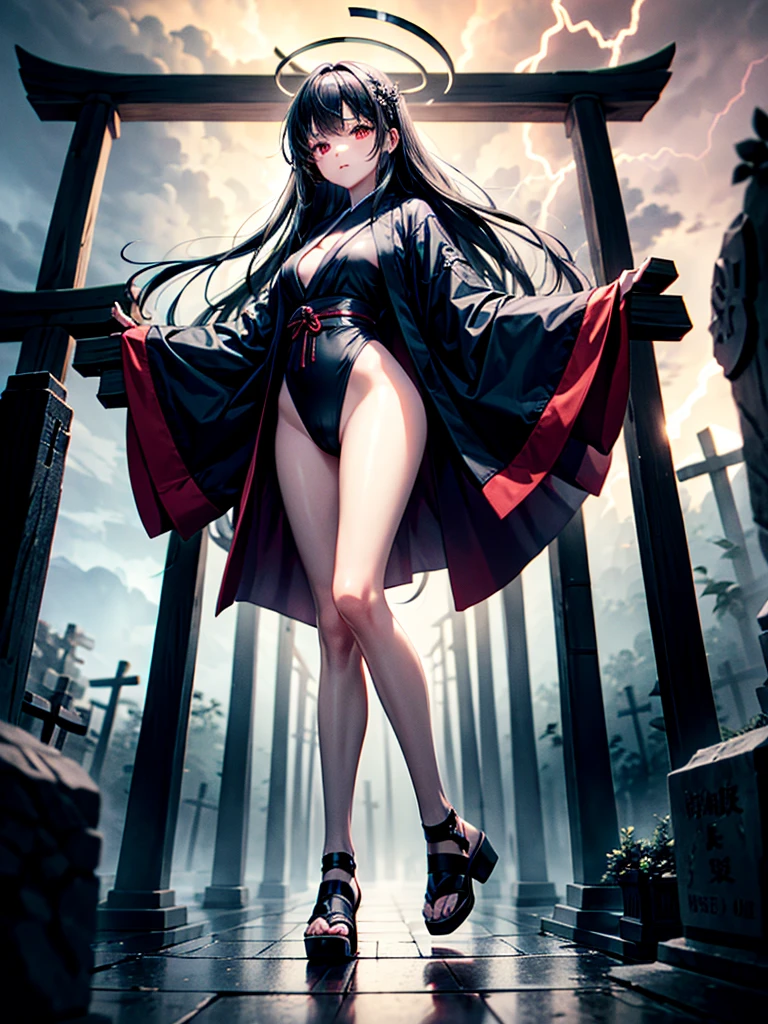 Highest Resolution,Highest quality,A beautiful girl with no expression in a black kimono leotard,Black eyeliner,Black eyebrows,High leg,Floating in the air,Very beautiful red eyes,Black hair semi-long hair,Halo,thunderstorm,Bad weather,Japanese Cemeteries,A road lined with gravestones,１Two Red Torii Gates,Company,Bamboo grove,lightning,Lightning strikes,whole body,up,front,barefoot,barefoot,