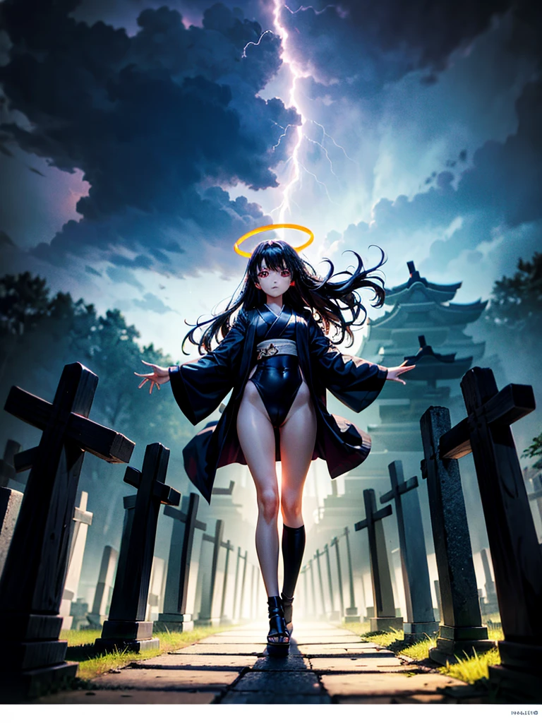 Highest Resolution,Highest quality,A beautiful girl with no expression in a black kimono leotard,(((No legs))),High leg,Floating in the air,Very beautiful red eyes,Black hair semi-long hair,Halo,thunderstorm,Bad weather,Japanese Cemeteries,A road lined with gravestones,1Two Red Torii Gates,Company,Bamboo grove,lightning,Lightning strikes,whole body,up,front,