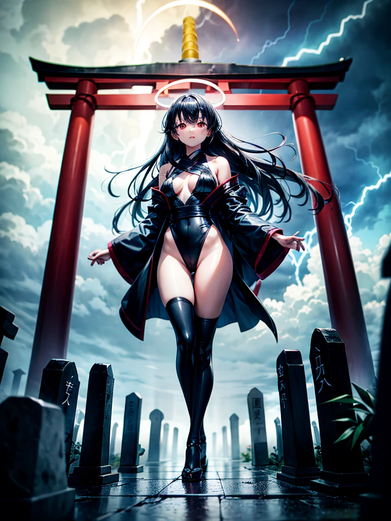 Highest Resolution,Highest quality,A beautiful girl with no expression in a black kimono leotard,(((No legs))),High leg,Floating in the air,Very beautiful red eyes,Black hair semi-long hair,Halo,thunderstorm,Bad weather,Japanese Cemeteries,A road lined with gravestones,1Two Red Torii Gates,Company,Bamboo grove,lightning,Lightning strikes,whole body,up,front,