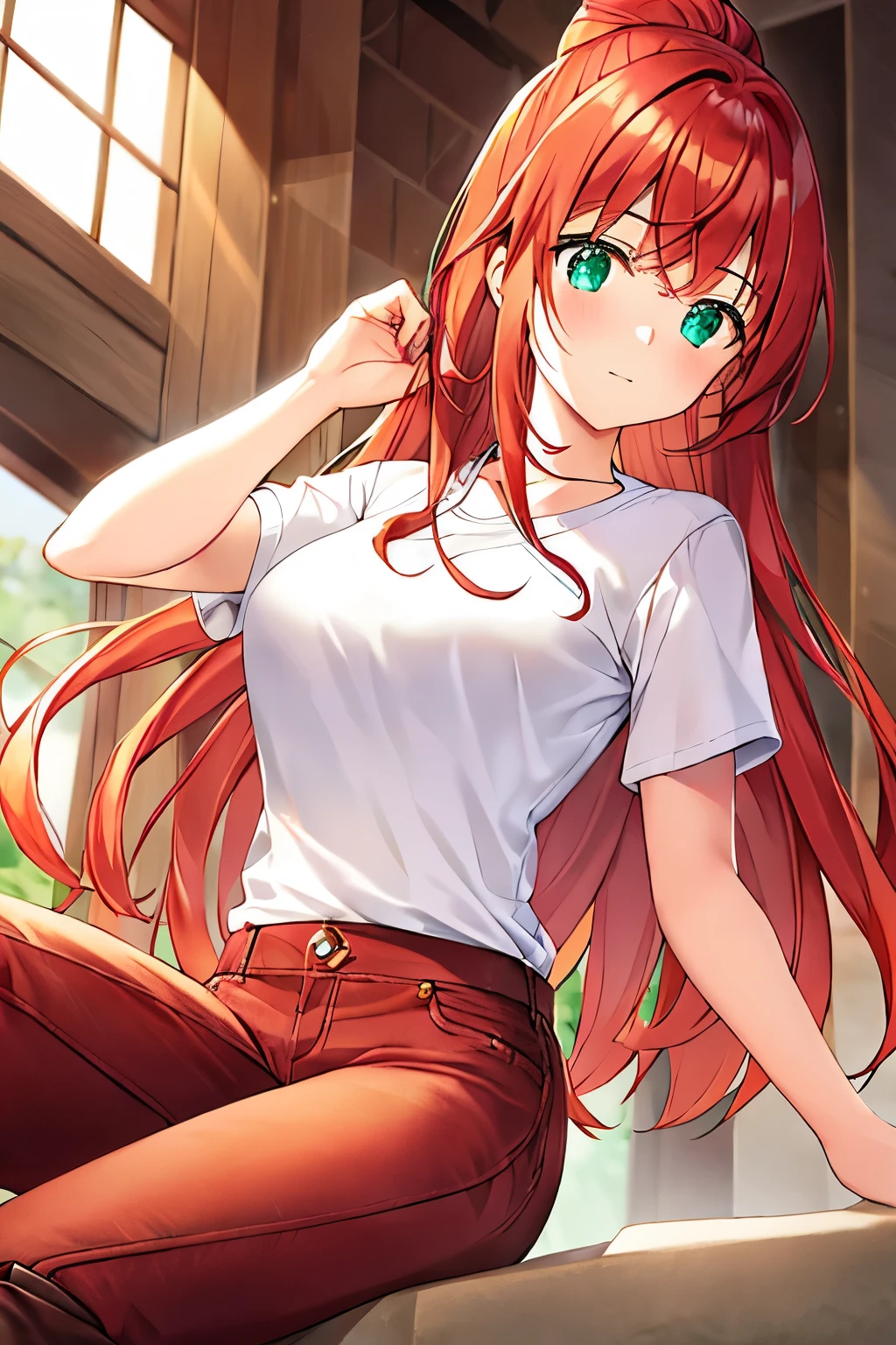 Wearing a white short-sleeved shirt and dark red jeans,With brown high boots,Maple red hair tied into a princess head,Sparkling emerald green eyes