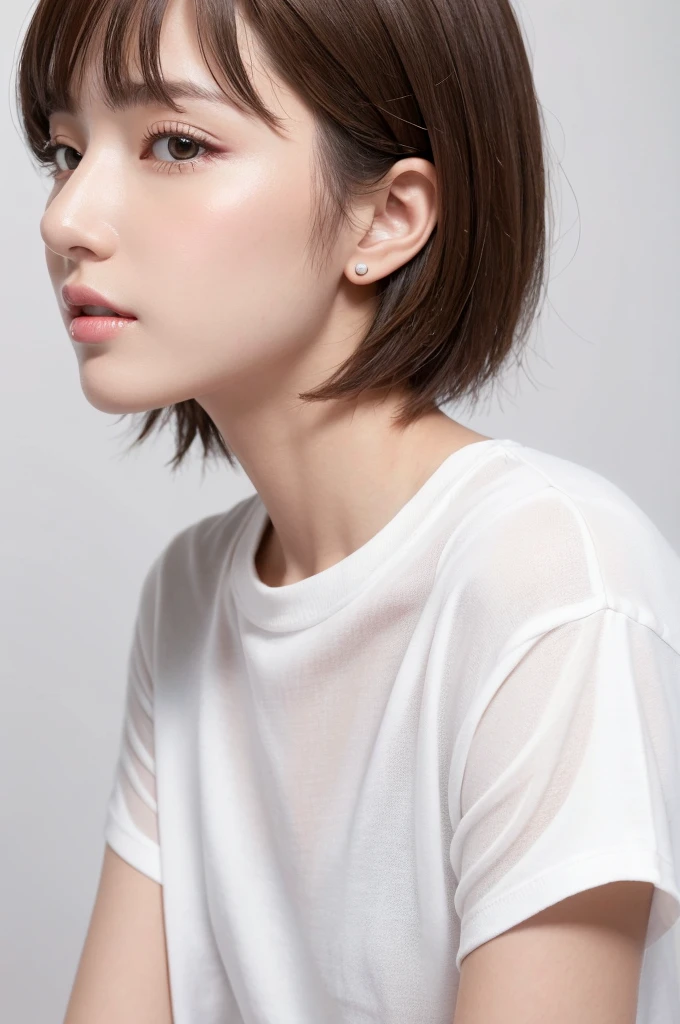 (Highest quality、Tabletop、8k、Best image quality、Award-winning works)、((profile:1.4))、ear、((short hair:1.46)),(Brown Hair)、(White casual clothes:1.2)、(The simplest pure white background:1.3)、(Perfectly fixed in front:1.1),(Portrait with Space:1.2)、Beautiful and exquisite、Perfect Makeup、Ultra-high definition beauty face、Ultra HD Hair、Ultra HD Shining Eyes、Super high quality glossy lip、Accurate anatomy、Very beautiful skin、(Pure white skin shining in ultra-high resolution:1.1)、(Very bright:1.2),Big Natural Color Lip、Lip gloss,Harajuku、cute、cute美人