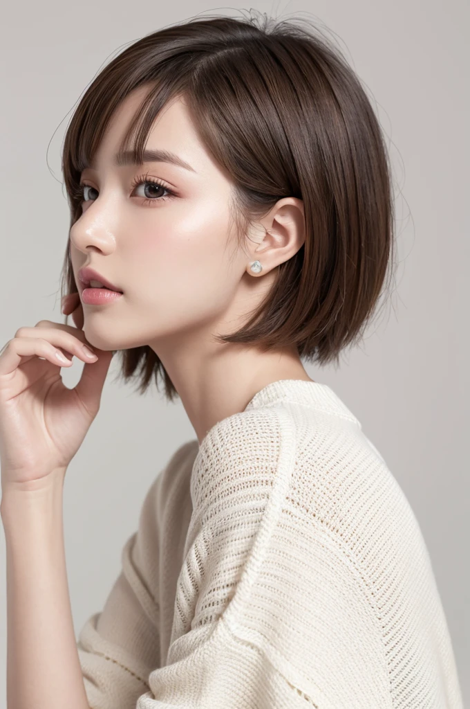 (Highest quality、Tabletop、8k、Best image quality、Award-winning works)、((profile:1.4))、ear、((short hair:1.46)),(Brown Hair)、(White casual clothes:1.2)、(The simplest pure white background:1.3)、(Perfectly fixed in front:1.1),(Portrait with Space:1.2)、Beautiful and exquisite、Perfect Makeup、Ultra-high definition beauty face、Ultra HD Hair、Ultra HD Shining Eyes、Super high quality glossy lip、Accurate anatomy、Very beautiful skin、(Pure white skin shining in ultra-high resolution:1.1)、(Very bright:1.2),Big Natural Color Lip、Lip gloss,Harajuku、cute、cute美人