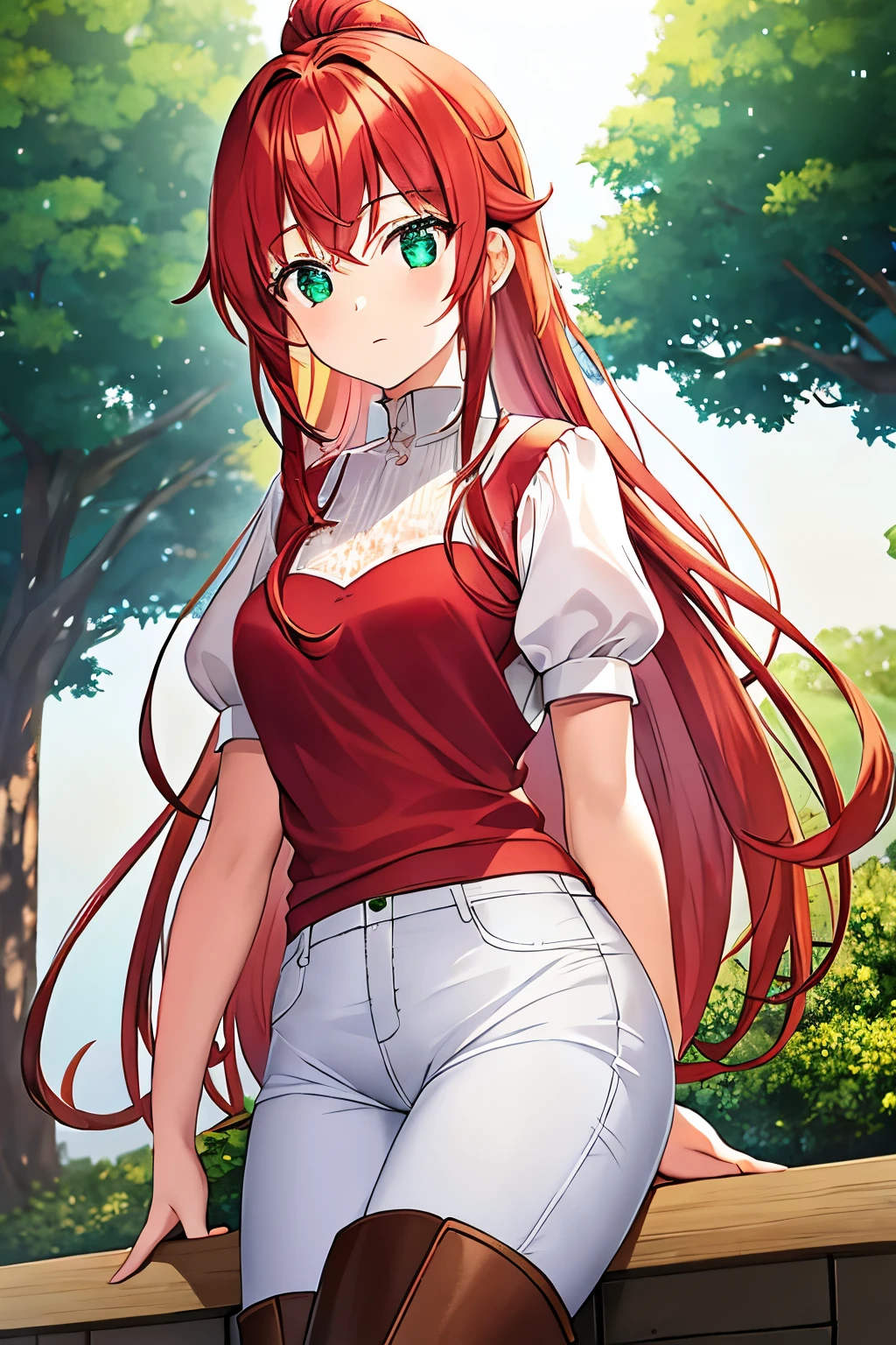 Wearing a white short-sleeved shirt and dark red jeans，With brown high boots，Maple red hair tied into a princess head，Sparkling emerald green eyes
