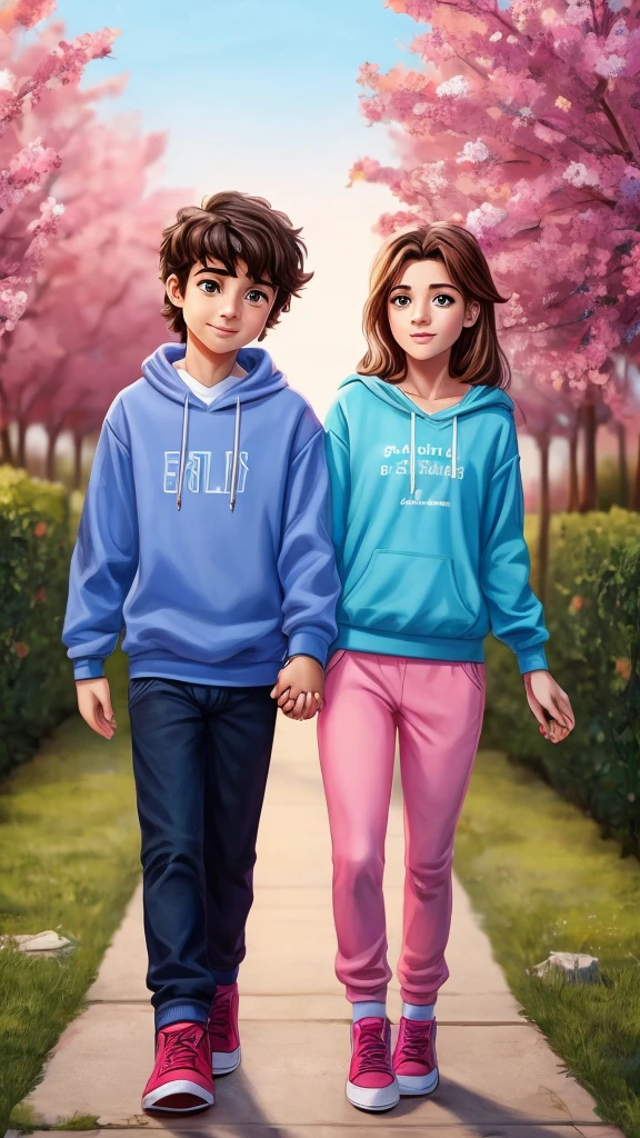 boy and girl holding hands. The boy in the blue sweatshirt and the name "Abel" written on the sweatshirt and the girl in the pink sweatshirt with the name Estela
