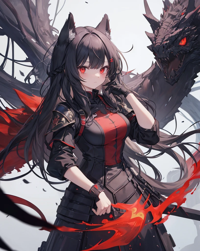 masterpiece, 1catgirl, cat ears, White long hair, Red eyes, intricate Black armour, she is a dragon slayer with a giant dead dragon behind her. She won the fight. Damaged black and Red shirt over the armour. Portrait.