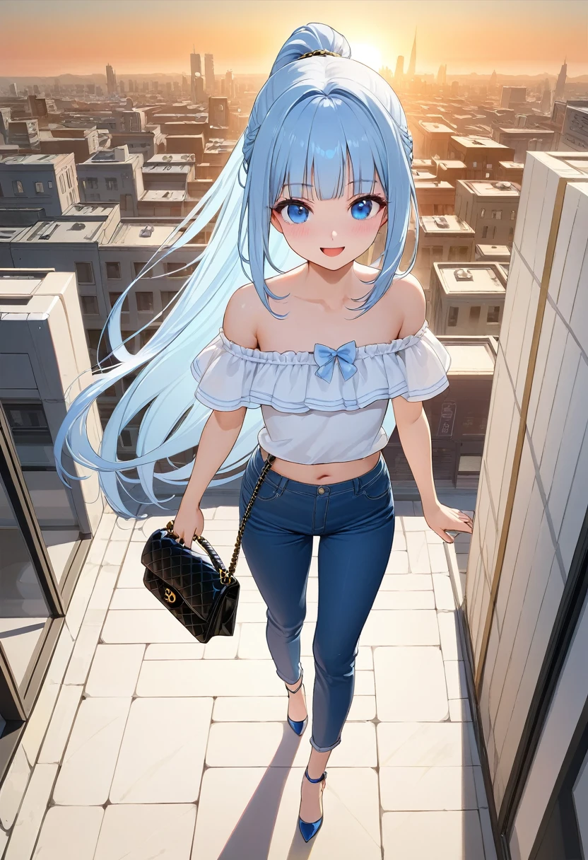 masterpiece, best quality, extremely detailed, (illustration, official art:1.1), 1 girl ,(((( light blue long hair)))), ,(((( light blue long hair)))),light blue hair, , long hair ((blush)) , cute face, big eyes, masterpiece, best quality,(((((a very delicate and beautiful girl))))),Amazing,beautiful detailed eyes,blunt bangs((((little delicate girl)))),tareme(true beautiful:1.2), sense of depth,dynamic angle,,,, affectionate smile, (true beautiful:1.2),,(tiny 1girl model:1.2),)(flat chest) ,,happy smile, smile, Open your mouth,ponytail,Short braided hair,Medium chest, hair band,Cord off-shoulder top,Short sleeve,skinny pants,Stiletto heels,Sunset,evening,The sun is setting,Walking,whole bodyがイラストに入るように,Looking down from above,Holding a Chanel bag in her right hand, break outdoors,In town,Building district, break looking at viewer, whole body, break (masterpiece:1.2), highest quality, High resolution, unity 8k wallpaper, (shape:0.8), (Beautiful details:1.6), Highly detailed face, Perfect lighting, Extremely detailed CG, (Perfect hands, Perfect Anatomy),
