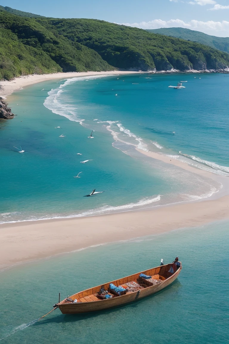 cinematic landscape, serene ocean, beach with seagulls, remote tropical island, people in a boat on the distant horizon, Spectacular lighting, bright colors, photorealistic, 8k, best quality, masterpiece, highly detailed, hyperrealistic
