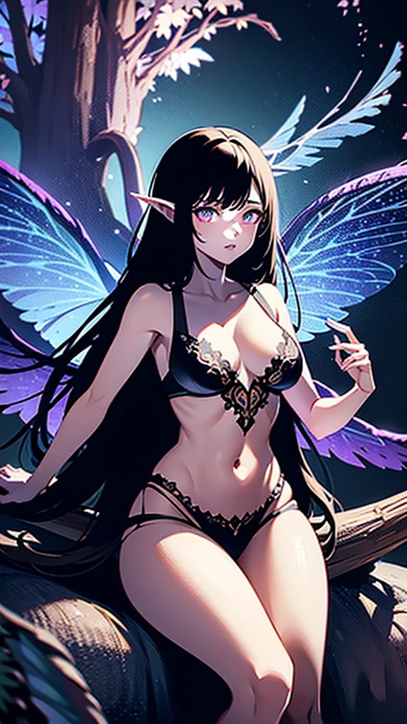 Matte painting, young fairy perched on a twisted ancient tree in an enchanted forest, surrounded by magic mystic flora, glowing wonderland ambiance, colors bursting with life, ultra high-quality, intricate wings patterns catch the light, epic sense of wonder, ominous undercurrents in the atmosphere, intricate details on the foliage and fauna, vibrant colors enhancing the whimsical yet mysterious scene, digital painting, ultra fine