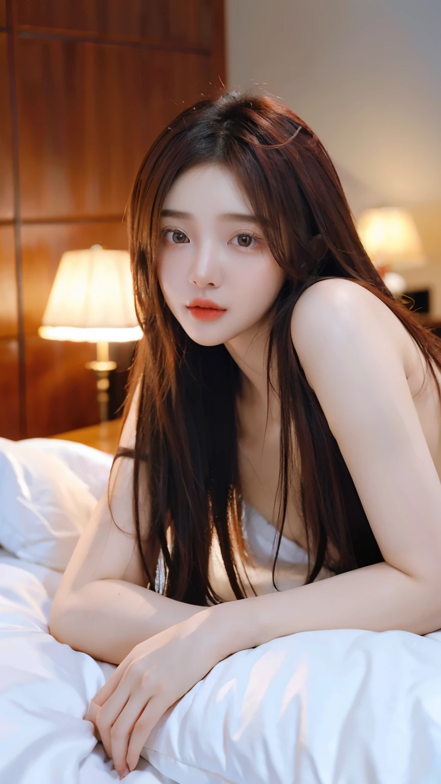 beautiful girl, wearing a thin cloth, lying posing on the bed, ((studio)), ((studio lighting)), long hair, white skin, beautiful, best quality, masterpiece, ultra high detail, red hair 